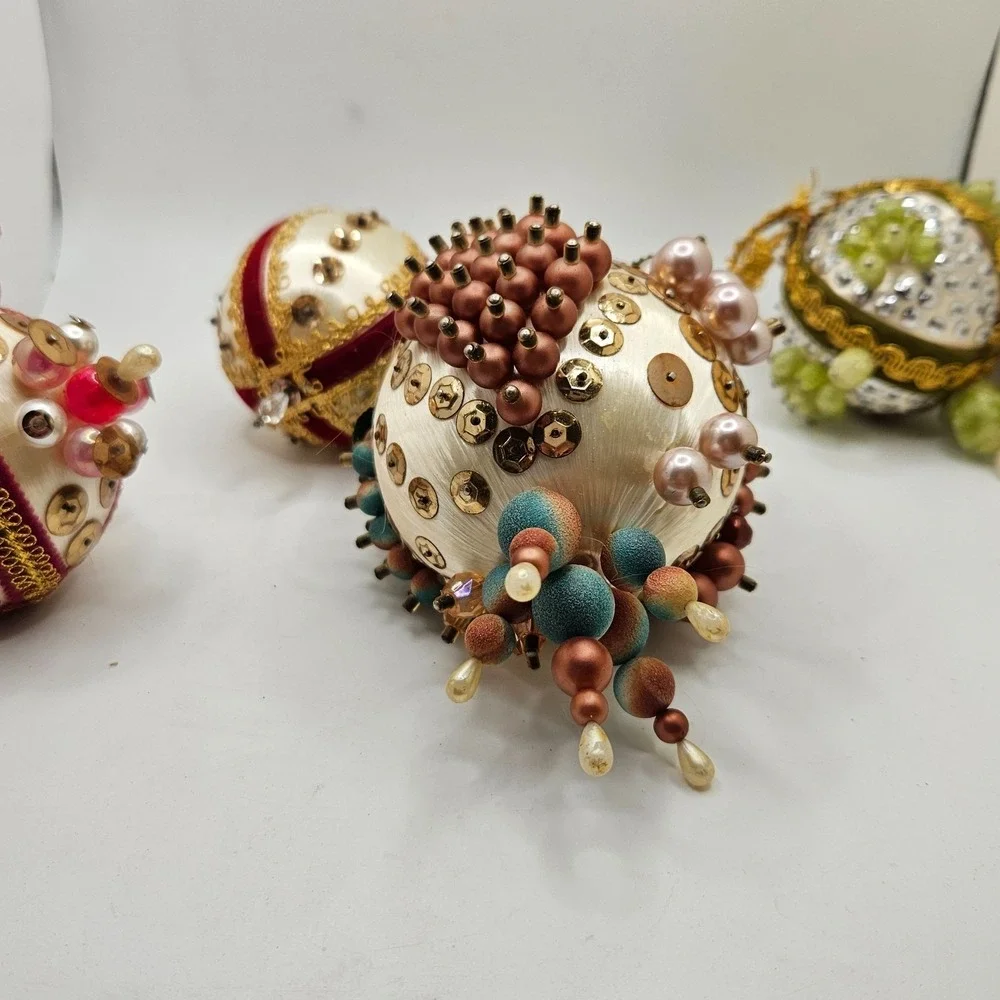 Vintage Lot of 4 Handmade Satin Sequin Beaded Christmas Ball Ornaments